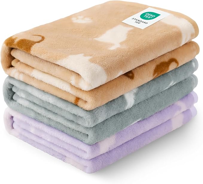 Luciphia 1 Pack 3 Dog Printed Fleece Pet Blankets Washable，Soft Warm Throw Covers for Crate Couch Bed，Cozy Puppy Essentials for Dogs and Cats，Purple/Grey/Khaki, Large (41x31 inch)
