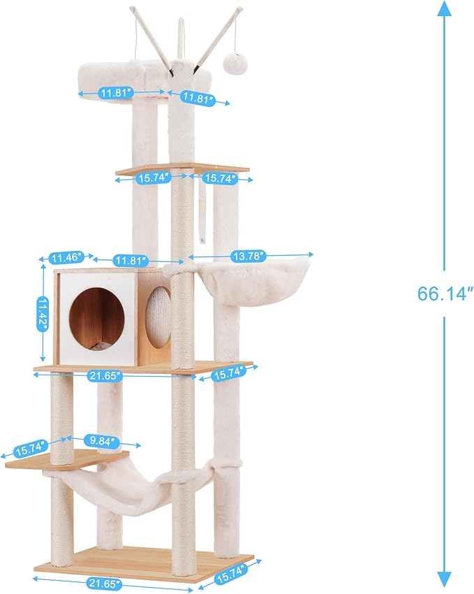Hey-brother Wooden Cat Tree, 66.1“ Cat Furniture with Scratching Posts, Modern Cat Tower with hammocks, Toys, cat condo, Walnut MPJ120WB