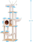 Hey-brother Wooden Cat Tree, 66.1“ Cat Furniture with Scratching Posts, Modern Cat Tower with hammocks, Toys, cat condo, Walnut MPJ120WB