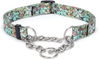 Martingale Dog Collar - Stainless Steel Chain, No Pull Training Collar with Flower Design for Large Medium Small Dogs (S, Green)