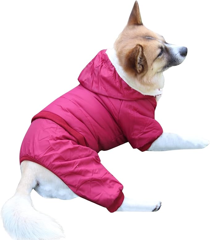 Fleece Lined Dog Coat with Detachable Hood and Detachable Hind Legs,Warm Puppy Jacket in Winter(Red L)