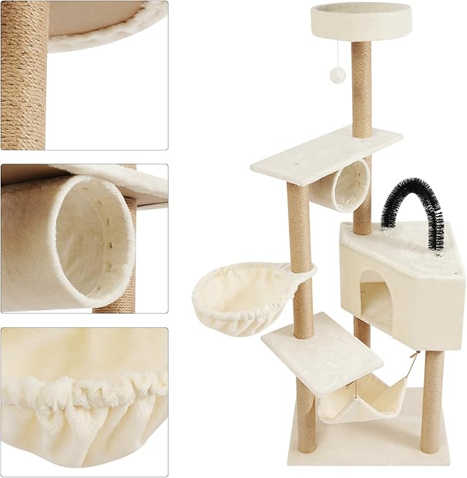 Multi-Level Cat Tower Cat Tree with Scratching Posts, Hammock, Condo, Jumping Platforms, 16.53 Lbs Load Capacity, 63" Tall Wooden Cat Condo Perch for Indoor Large/Small Cats (Beige)