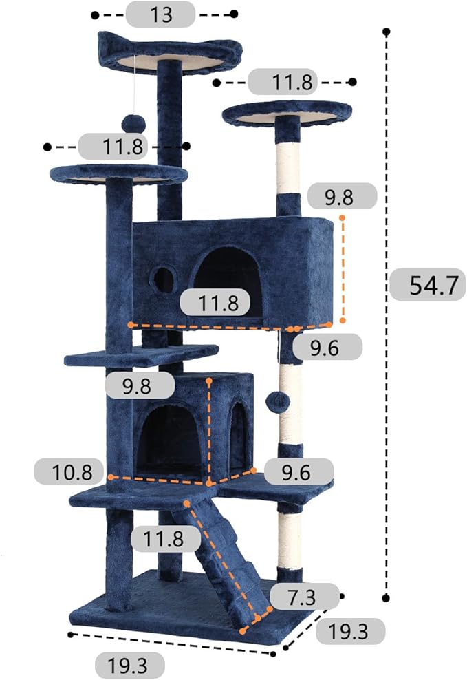 BestOffice 54 Inch Cat Tree, Multi-Level Cat Tower with Condo, Perches, Sisal Scratching Posts, Climbing Ladder,Indoor Activity Center Play House for Kittens & Adult Cats, Navy Blue
