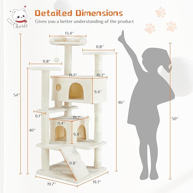 54'' Tall Cat Tree,Cat Climbing Tower with Removable Ball,Cat Tower with Scratching Post,Climbing Plate,Cute Cat Ear Design for Small, Medium Cats,Anti-Tilt Device (Beige)