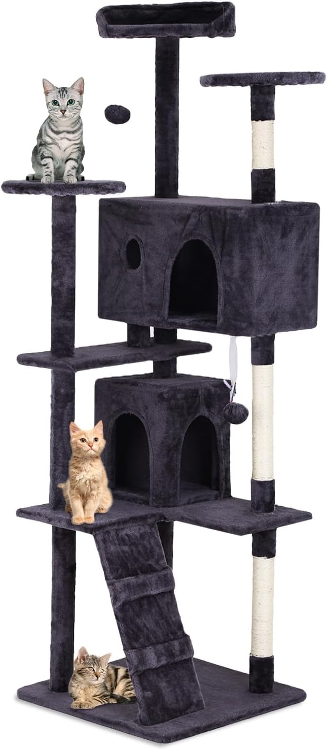 70in Cat Tree for Indoor Cats, Cat Tower with Cat Scratching Post, Multi-Level Cat Furniture, Cat Tower with Funny Toys for Kittens-Ashy
