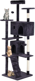 70in Cat Tree for Indoor Cats, Cat Tower with Cat Scratching Post, Multi-Level Cat Furniture, Cat Tower with Funny Toys for Kittens-Ashy