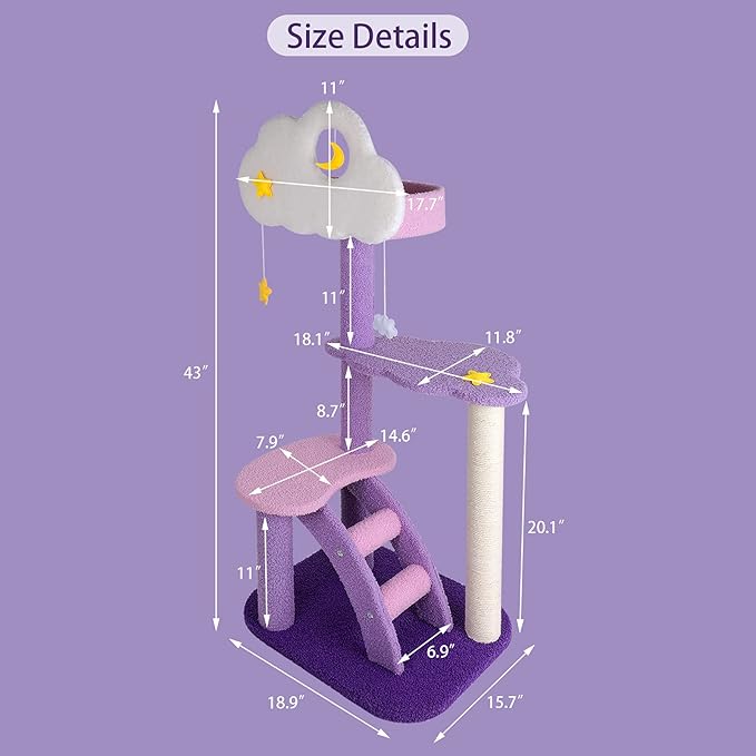 Lucky Monet 43 Inches Cat Tree Tower for Indoor Cats, 3-Layer Purple Cute Purple Pink Cat Tree Unique Cat Condo with Scratching Post