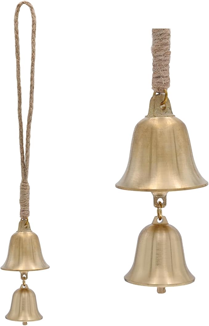 Rustic Brass Hanging Bells for Door Knob Decoration, 13"" Handmade Metal Lucky Home Garden Decor Bell on Rope