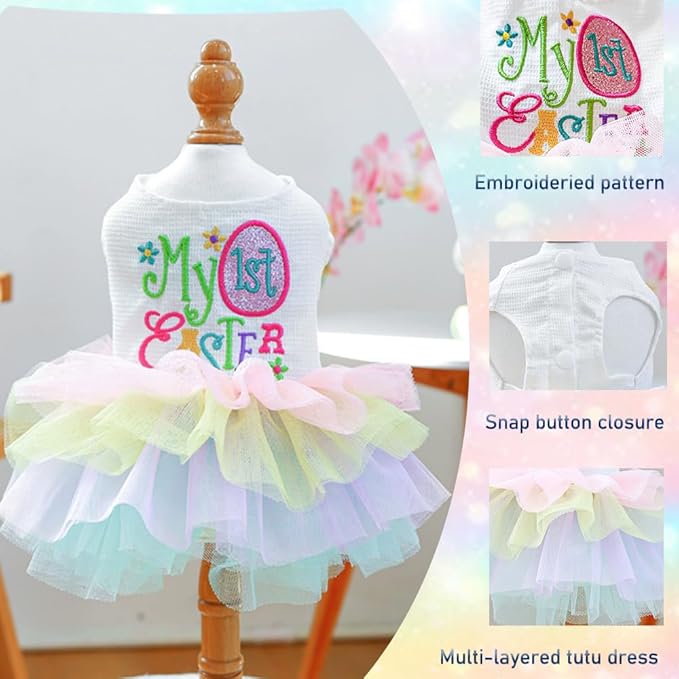 ANIAC Happy 1st Easter Dog Dress Girl Holiday Puppy Clothes for Small Dog Easter Cat Outfit Eggs Print Rainbow Doggy Princess Tutu Dress Pet Clothing (X-Small)