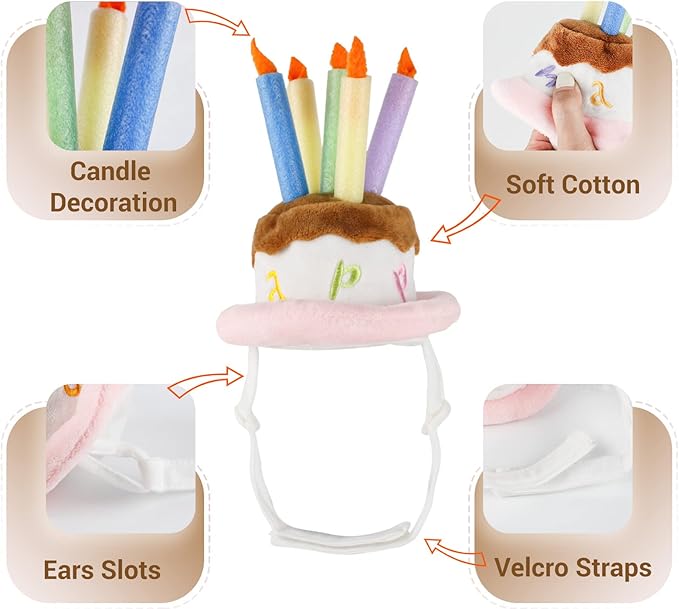 LESYPET Dog Cat Birthday Hat, Cute Birthday Cake Hat with 4 Color Candles for Cats Small Dogs, Pet Birthday Supplies Party Apparel Accessory, Size S
