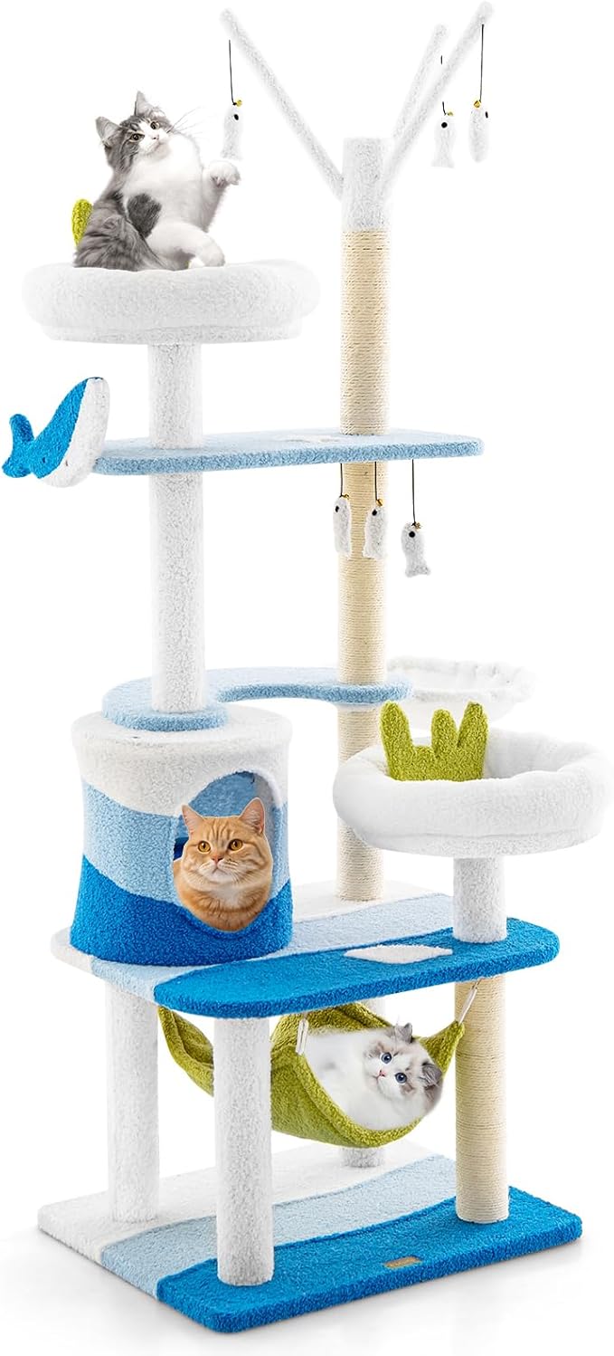 PETSITE Ocean-Themed Cat Tree for Indoor Cats, Multi-Level Cat Tower with Natural Sisal Scratching Posts, Hanging Toys and Padded Top Perch, Modern Cat Tree for Large Cats 20 lbs Heavy Duty (65")