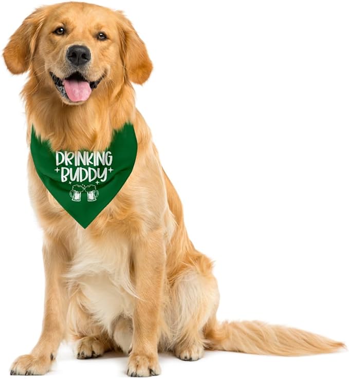Drinking Buddy Dog Bandana, Funny Cute Dog Bandana, Pet Dog Triangle Scarf, Dog Bandana for Small Medium Large Dogs, Green Dog Bandana, Gift for Dog Lover, St. Patrick's Day Dog Bandana (A30)