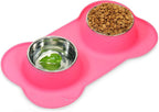 AsFrost Dog Food Bowls Stainless Steel Pet Food Bowls & Dog Water Bowls, Dog Bowls Silicone Mat No Spill Non-Skid Feeding Bowls for Small Size Dog Puppy Cat Food Dish, Pink, 3 Cup/24oz, Set of 2 Bowls