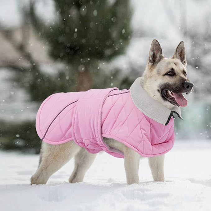 Kuoser Dog Coat, Super-Warm Dog Jacket Windproof Pet Cold Weather Coats for Extra Large Dogs, Fleece Lining Quilted Turtleneck Puppy Snowsuit Reflective Adjustable Doggie Winter Clothes, Pink, 3XL