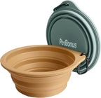 PetBonus 2-Pack Large Silicone Collapsible Dog Bowls, 34oz/1000ml BPA Free Portable Foldable Travel Bowl for Pet Cat, Food Water Feeding Dish for Camping with 2 Carabiners (Turquoise, Tan)