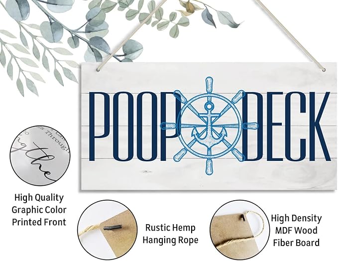 Nautical Style Wood Decor Sign, Poop Deck, Hanging Printed Wooden Plaque Décor, Rustic Wall Decor Indoor or Outdoor, Home Décor Sign for Nursery, Artistic Wall Sign for Beach Bathroom Hostel 12x6 inch