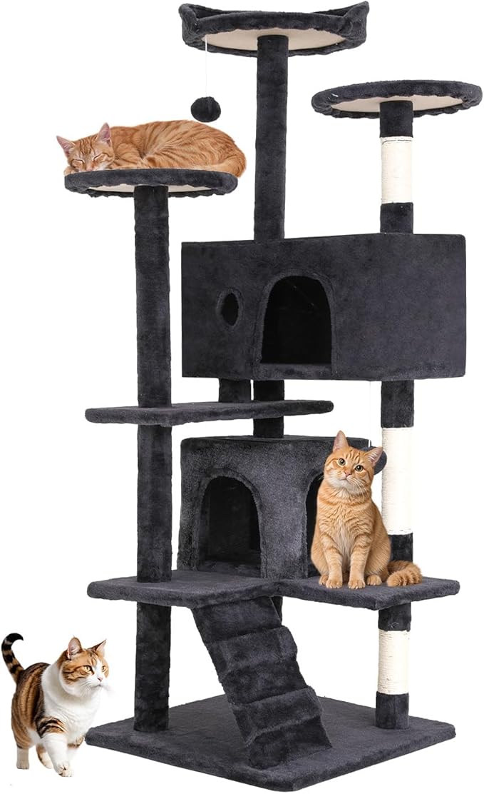 BestOffice 54 Inch Cat Tree, Multi-Level Cat Tower with Condo, Perches, Sisal Scratching Posts, Climbing Ladder,Indoor Activity Center Play House for Kittens & Adult Cats, Dark Gray