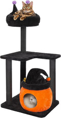44.8in Gothic Cat Tree, Black Cat Condo Cats Tower with Coffin Bed & Sisal Scratching Posts, Scratching Ramp and Comfort Basket for Indoor Cats (44.8" Tall Black)