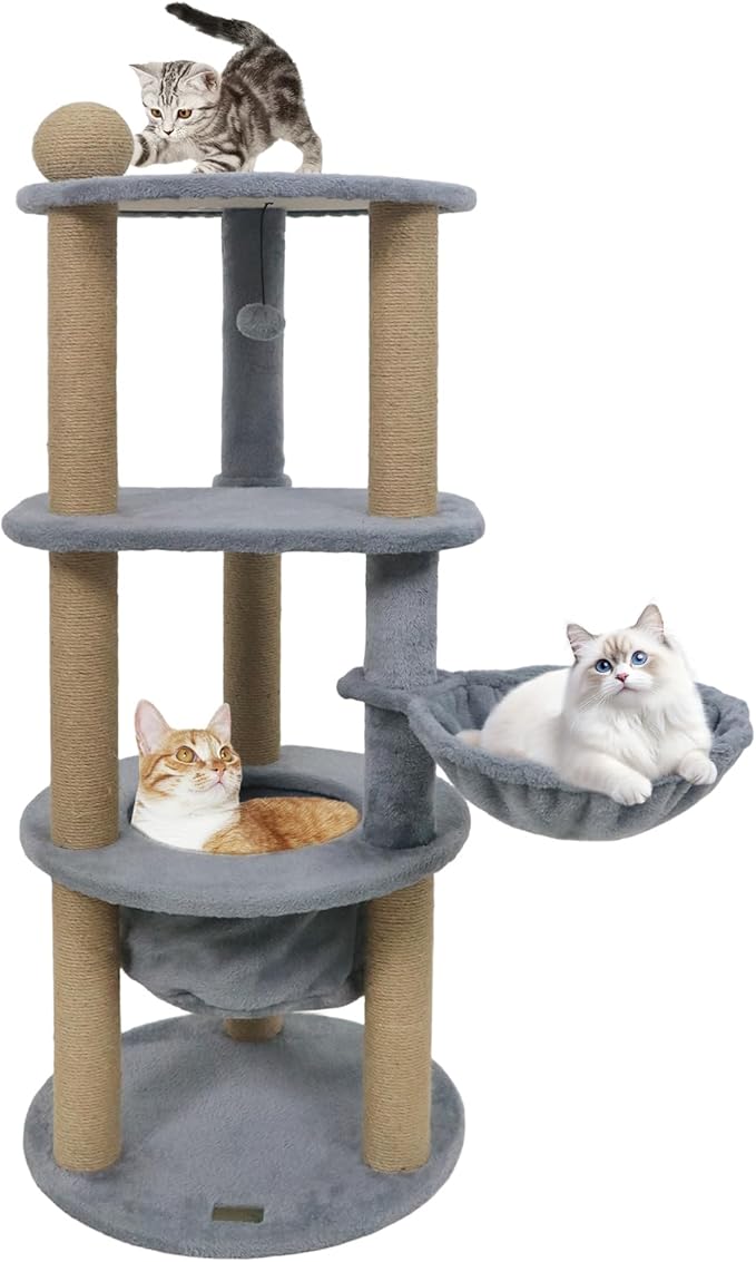 PETSITE Multi-Level Cat Tree, 47 Inches Tall with Jute Scratching Posts, Nest, Rotatable Cat Basket, Dangling Ball, and Top Scratching Ball, Ideal for Indoor Cats to Play and Rest