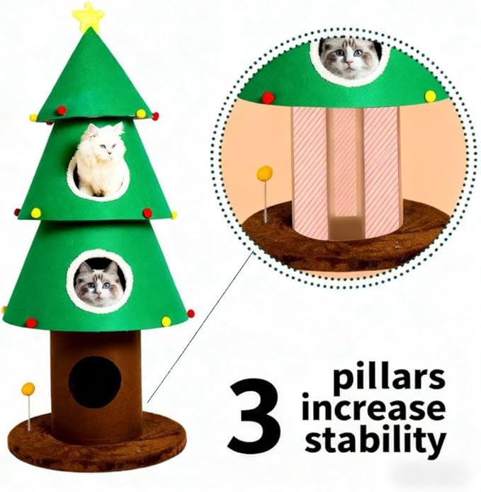 Christmas Cat Tree with 3 Cat Houses, 59 inch Cat Tower for Indoor Cats, Cat Furniture with Teaser Toy for Christmas Decoration