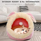 Lcybem Cat Beds for Indoor Cats - Rabbit-Shaped Cat Cave Bed with Hanging Toy,Super Soft Calming cat Tent for Kitten&Puppy,Small Dog,Warm Plush&Machine Washable&Removable Cotton Pad (Pink L)