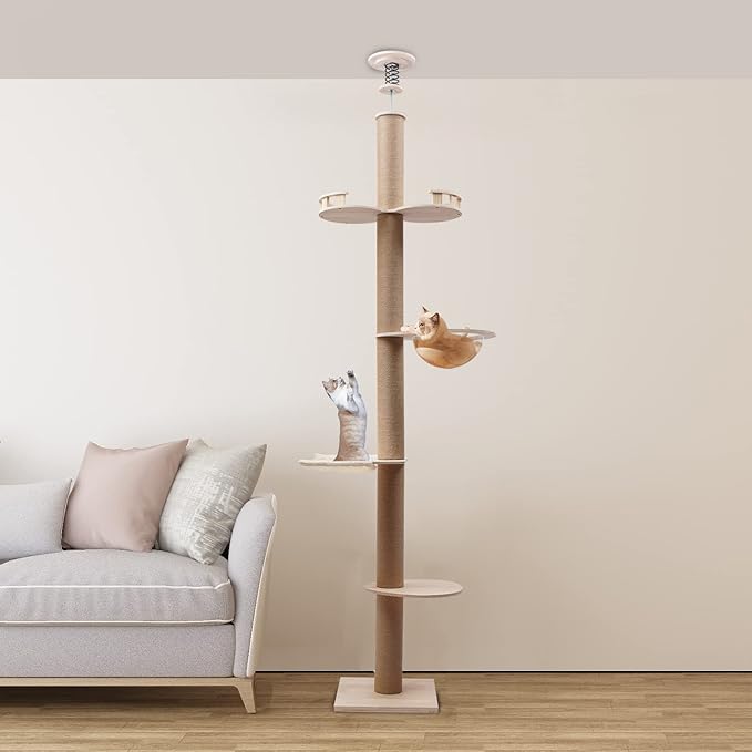 Adjustable Height Floor to Ceiling Cat Tree, 4 Level Cat Tree Cat Climbing Tower with Natural Sisal Rope Scratching Post for Living Room, Bathroom, Balcony, Playroom