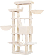 Heybly Cat Tree, 68 inch Multi-Level Cat Tower for Indoor Cats, 2 Widened Plush Perches Cat Condo with Scratching Board and Big Caves, Beige HCT025M