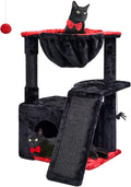 SYANDLVY Gothic Cat Tree for Indoor Cats Large Adult, Modern Activity Tower with Scratching Posts & Board, Condo with Plush Perch, Cradle & Hanging Ball & Spider for Play, Black