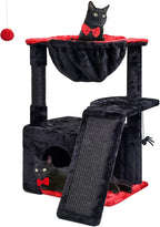 SYANDLVY Gothic Cat Tree for Indoor Cats Large Adult, Modern Activity Tower with Scratching Posts & Board, Condo with Plush Perch, Cradle & Hanging Ball & Spider for Play, Black