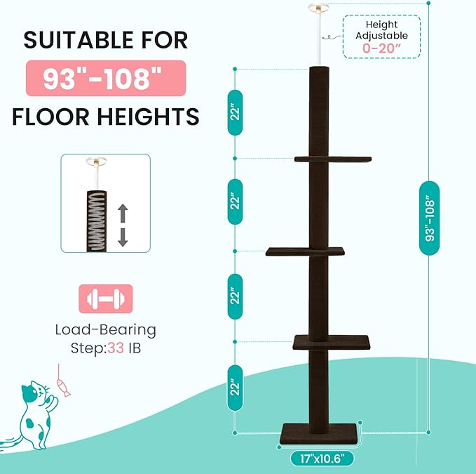 Max & Marlow Cat Tree Floor to Ceiling Cat Tower Height 95-108" Adjustable Kitten Tree Tall Climbing Tree with Carpet Scratching Post and Mat Cat Pole for Indoor Cats,Dark Brown