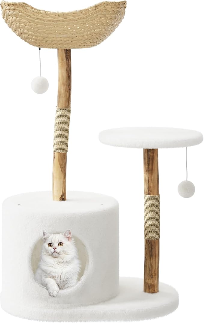 46 Inch Modern Cat Tree Tower with Basket, Natural Wood & Rattan Climbing Frame for Large Cats Up to 22Lbs, Cat Condo with Sisal Scratching Posts