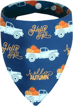 Dog Fall Bandanas - Hello Fall Autumn and Pumpkin Truck - Printed Thanksgiving Holiday Pet Bandana Snap Button Triangle Scarf, Navy, Medium and Large Breed, 30-75lbs