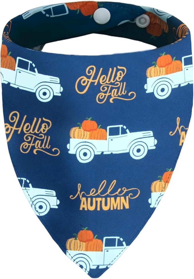 Dog Fall Bandanas - Hello Fall Autumn and Pumpkin Truck - Printed Thanksgiving Holiday Pet Bandana Snap Button Triangle Scarf, Navy, Medium and Large Breed, 30-75lbs