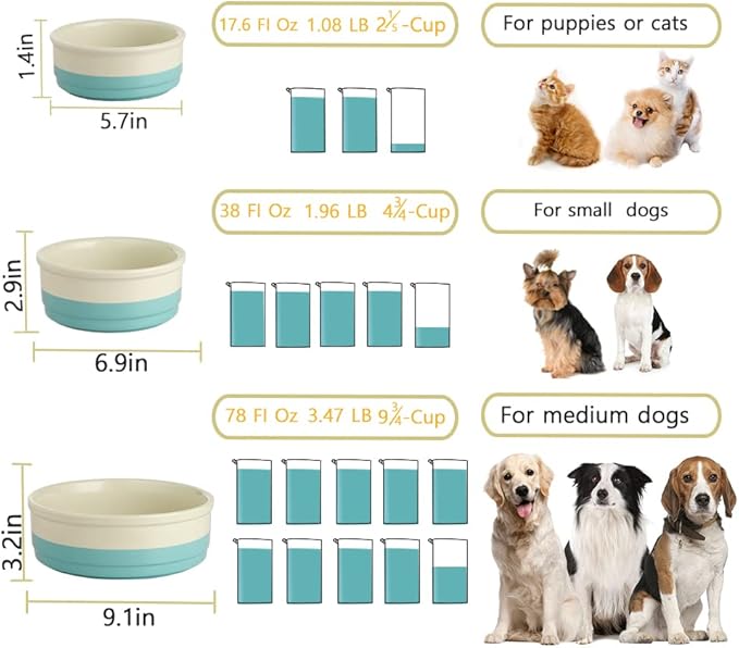 Sweejar Ceramic Dog Bowls, Dog Food Dish for Small Dogs and Cat, Heavy Duty Porcelain Pet Bowl for Canned Food and Water 17 Fl Oz （Turquoise）