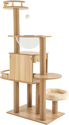 Modern Cat Tree Tower with Multiple Platforms, Cat House, Hemp Rope Scratching Post and Transparent Bed - Rustic Brown and White Design for Indoor Cats