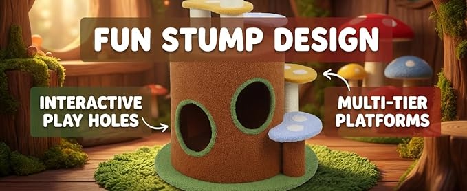 Mushroom Cat Tree with Large Condo Platform Ladder, Cat Tower with Play Holes, Cat Cave, Scratching Posts, Multi-Level Cat Furniture for Kittens/Cats