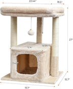 SYANDLVY 27" Cat Tree for Indoor Cats, Activity Tower with Scratching Posts, Modern Kitten Condo with Plush Perch & Hanging Ball for Play, Beige