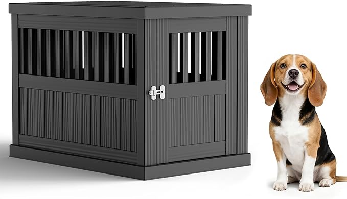 Indoor/Outdoor Dog House, Waterproof Durable Plastic with Locking Door, Ventilation and Raised Floor Design, Easy Assembly, Suitable for Small to Medium Dogs, Gray, 29.65”x 21.34” x 25.28”