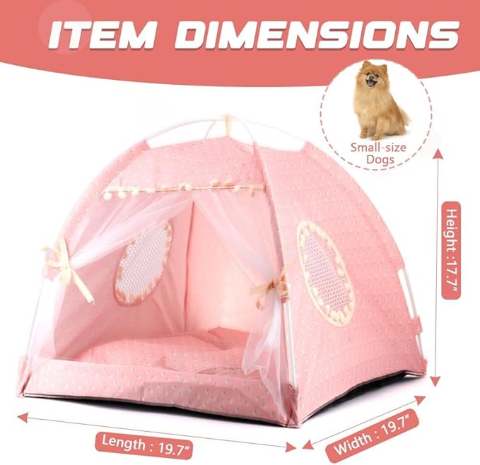 Pawstrip Dog Tent Indoor Cat House Pink Puppy Bed Portable Pet Teepe Princess Dog Camping Tent Outdoor Kitten Houses Cute Bunny Nest Girl Kitty Cave, Large (19.7" x 19.7" x 17.7")