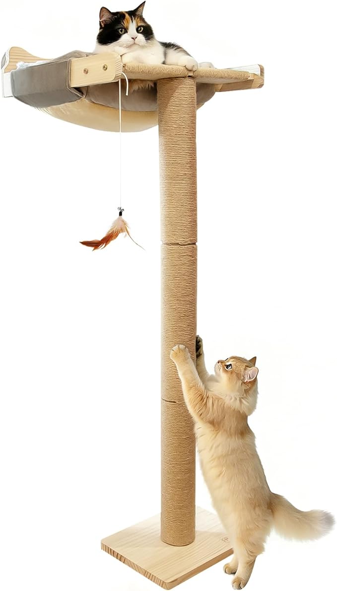 Cat Window Perch with Scratching Post, 46" Adjustable Tall Scratching Posts & Suction Cup – Gray Fluffy Cusion, Multi-Level Perch for Climbing, Bird Watching, Play, Supports 45 lbs (Drilling-Free)