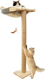 Cat Window Perch with Scratching Post, 46" Adjustable Tall Scratching Posts & Suction Cup – Gray Fluffy Cusion, Multi-Level Perch for Climbing, Bird Watching, Play, Supports 45 lbs (Drilling-Free)