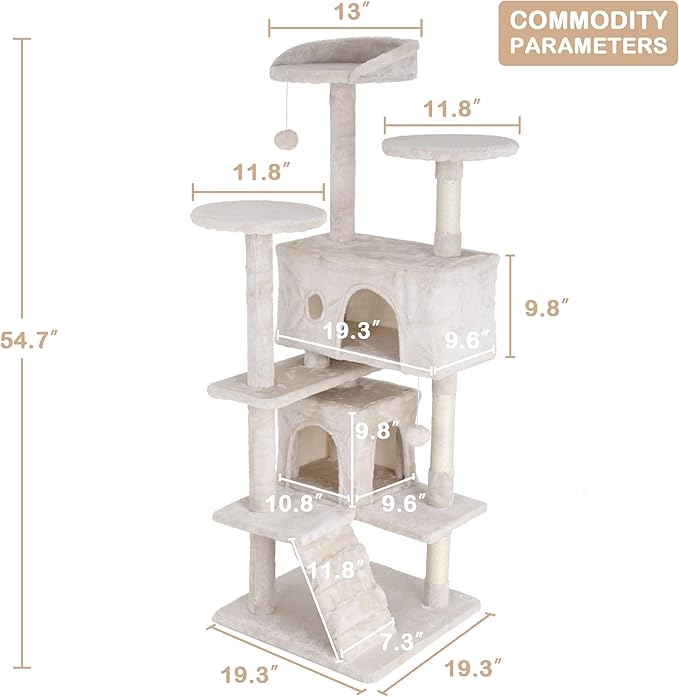 Go Pet Club 54'' Tall Multi-Level Cat Tree with 3 Scratching Posts, 3 Platforms, 2 Condos, Toys, Corner Design for Large Cats