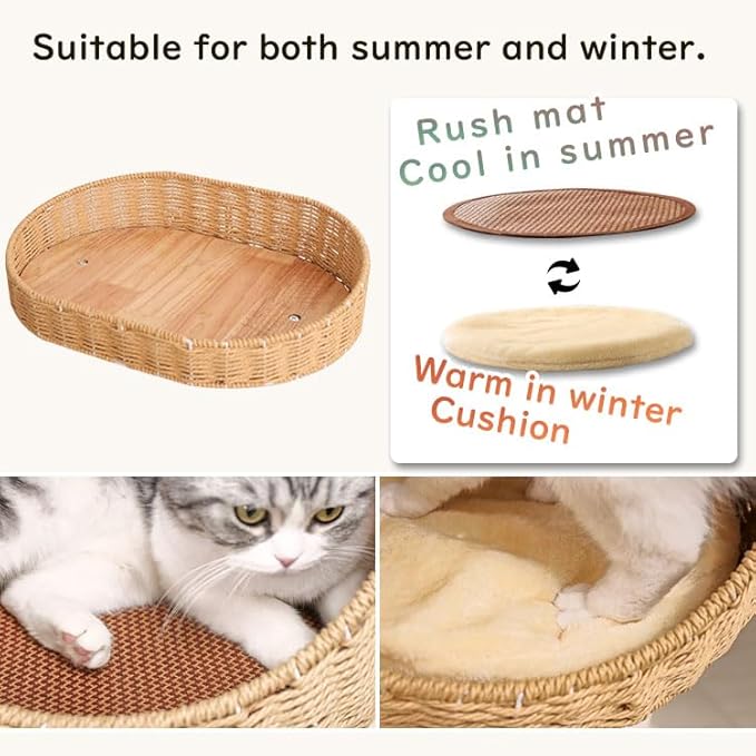 Cat Tree Tower, Freestanding, Stylish, Cushioned Bed, Large Base, for Multiple Cats, Compact, Winter and Summer Use, Summer Mat Included, for Large Cats (81cm Brown)