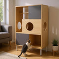 Modern 2-in-1 Cat Tree Bookshelf with Hidden Litter Enclosure - Space-Saving Wood Design, Multi-Level Cat Shelves & Storage, Natural + Grey Finish for Indoor Use