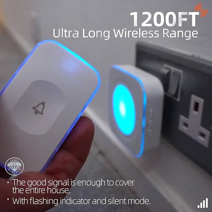 Wireless Doorbell 1200 feet Waterproof Door Bell with 2 Buttons with Different Tones Operating at 36 Melodies 4 Volume levels Flash Light 2 Receivers 2 Buttons White Jsieem