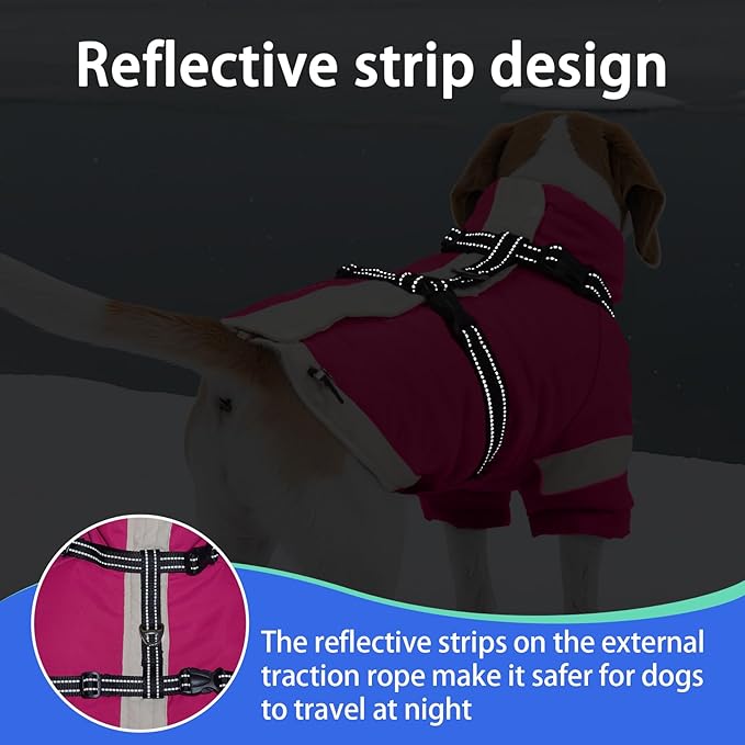 MIGOHI Thermal Large Dog Coat with Harness Waterproof Jacket for Large Dogs,Thick Dog Winter Coat,Snow Jacket for Dogs Windproof for Hunting Camping Chilly Days,Doberman,Great Dane,XXXL,Rosered