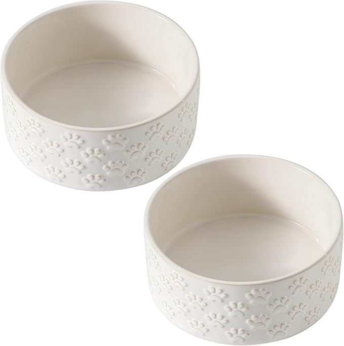 UBEE Ceramic Dog Bowl Set of 2, Dog Food Bowl Dish, Pet Food Water Dish Feeding for Small and Meidum Dogs and Large Cat, White, Paw Pattern, 6.1 in-Medium