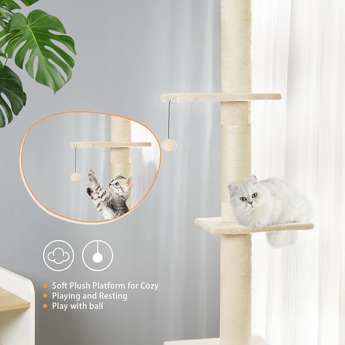 Floor to Ceiling Cat Tree, Cat Tower with Adjustable Height 98-110 Inches, 5 Tiers Tall Cat Tree Floor to Ceiling with Cozy Bed,Platforms, Sisal Scratching Posts for Cats Beige