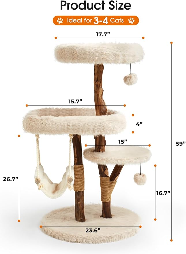59" Modern Cat Tree Tower for Large Indoor Cats, Perches-Natural Solid Wood Cat Tower with Sisal Scratching Post, Perches, Hammock & PlayBalls, Aesthetic Boho Cat Furniture