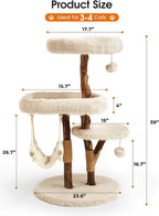 59" Modern Cat Tree Tower for Large Indoor Cats, Perches-Natural Solid Wood Cat Tower with Sisal Scratching Post, Perches, Hammock & PlayBalls, Aesthetic Boho Cat Furniture